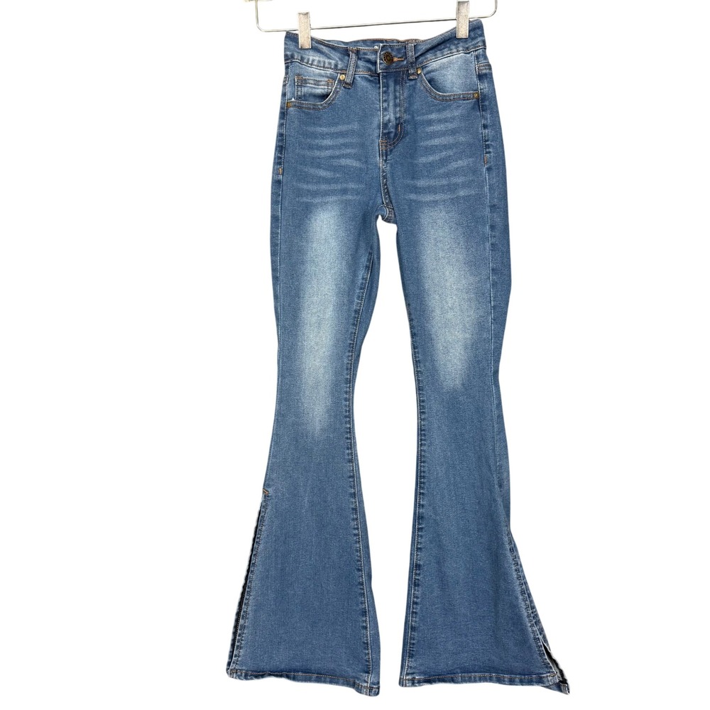BAMBOO Jeans Womens 00‎ Blue Denim Bell Bottom Flare Leg Split Ankle Stretch